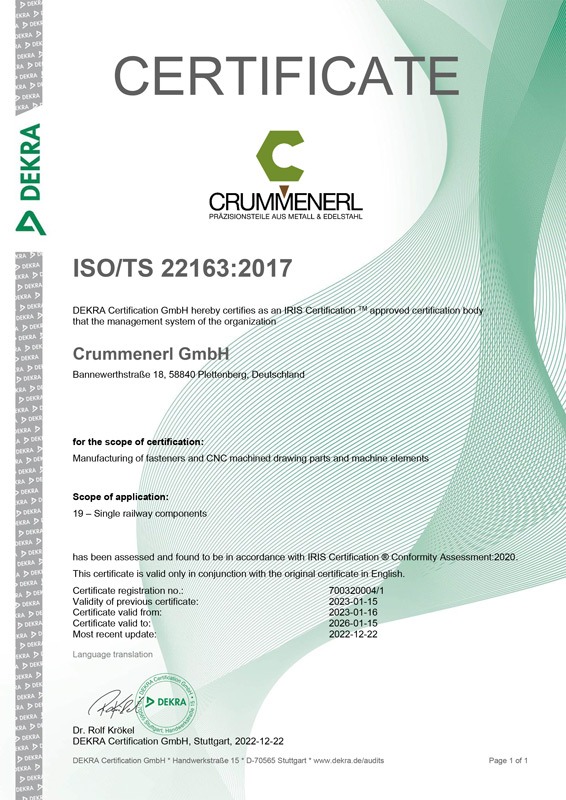 Certificate ISO/TS 22163:2017